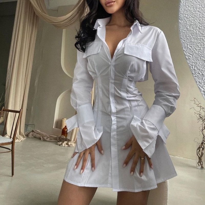 Francuska biała sukienka z talią i mankietami oraz długimi zakładkami dla kobiet 2023 Nowy projekt talii i stały kolorowy spódnica z długimi rękawami